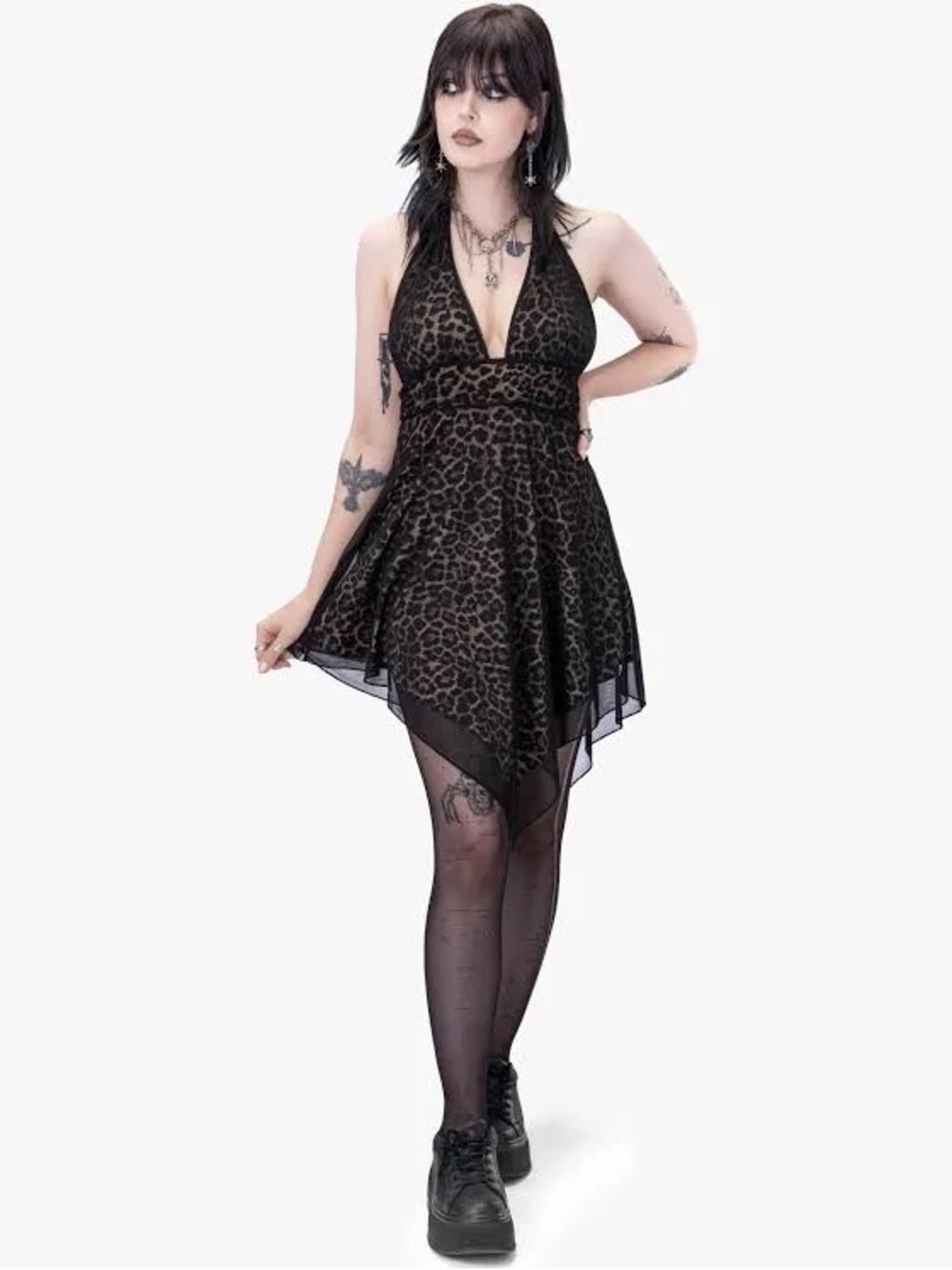 Wicked Misfit y2k  Black Leopard Print Halter Asymmetrical Dress